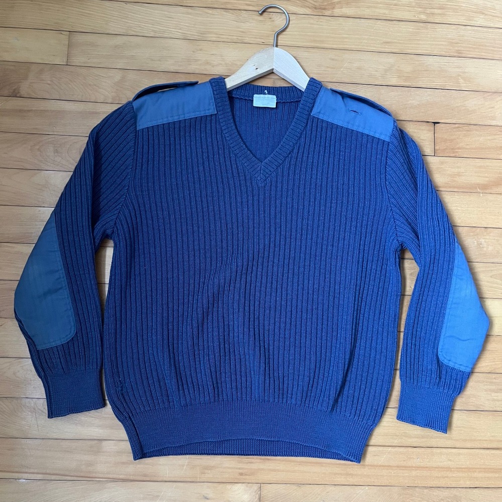 Saint James Blue Ribbed Military V-Neck Sweater Epaulettes Elbow Patches 96M